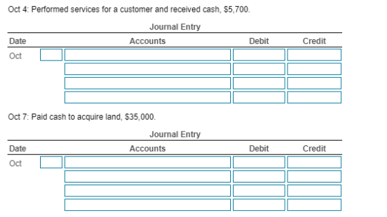 Oct 4: Performed services for a customer and received cash, 55,700. Journal Entry Date Accounts Debit Oct Credit Oct 7: Paid