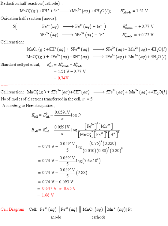 Reduction half reaction(cathode): Mno (8)+8H* +5e →Mn2+ (aq) +4H,0(1); Epiftode = 1.51 V Oxidation half reaction (anode): Fe2