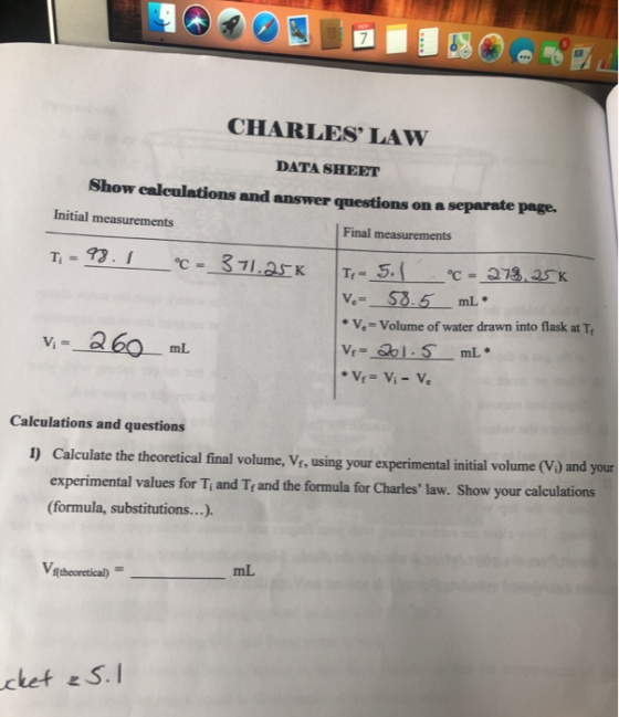 7 CHARLES LAW DATA SHEET Show calculations and answer questions on a separate page. Initial measurements Final measurements C