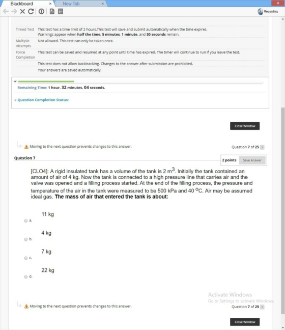 x New Tab Blackboard <-> XCO Recording Timed Test This test has a time limit of 2 hours. This test will save and submit autom