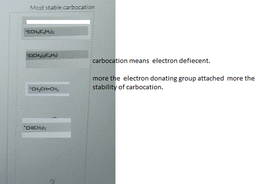 Most stable carbocation *CCHI : CICHO carbocation means electron defiecent. more the electron donating group attached more th