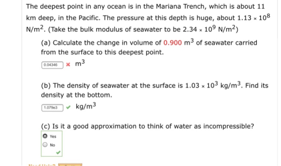 The deepest point in any ocean is in the Mariana Trench, which is about 11 km deep, in the Pacific. The pressure at this dept