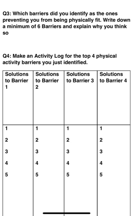 Q3: Which barriers did you identify as the ones preventing you from being physically fit. Write down a minimum of 6 Barriers