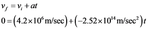 v; = v; +at
0=(4.2x10m/sec)+(-2.52x104 m/sec)
