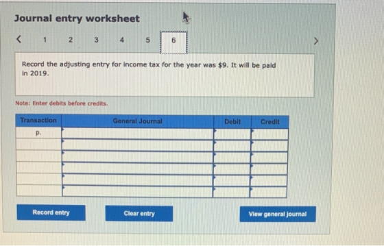 Journal entry worksheet < 1 2 3 4 5 6 Record the adjusting entry for income tax for the year was $9. It will be paid in 2019.