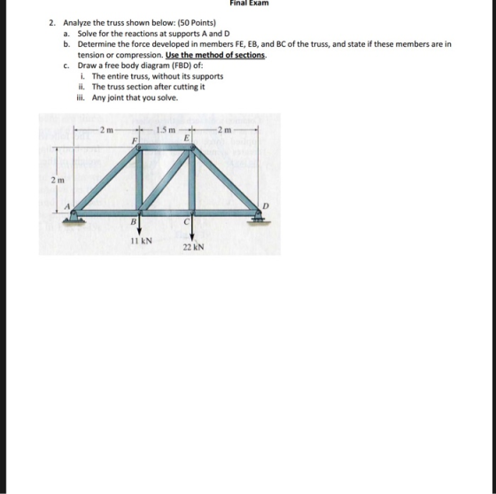 Final Exam 2. Analyze the truss shown below: (50 Points) a. Solve for the reactions at supports A and D b. Determine the forc