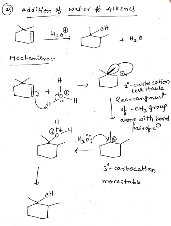 Addition of water to Alkenes Mechanismo .H X : § - . 2°-carbocation Less stable Rearrangment of -CH₃ group along with bond 1