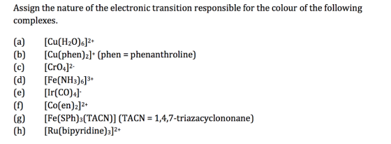 Assign the nature of the electronic transition responsible for the colour of the following complexes. (a) (d) [Cu(H20)6]2+ [C