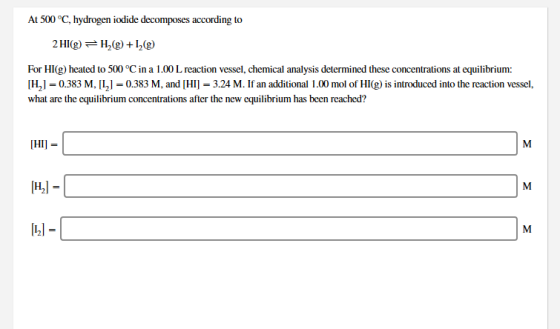 At 500°C, hydrogen iodide decomposes according to 2 HI(g) = H2(g) +12(9) For HI(9) heated to 500 °C in a 1.00 L reaction vess
