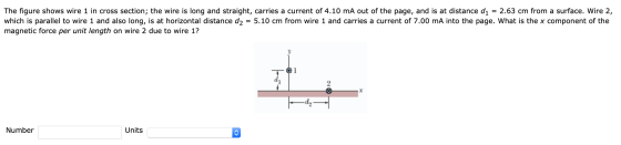 The figure shows wire 1 in cross section; the wire is long and straight, carries a current of 4.10 mA out of the page, and is