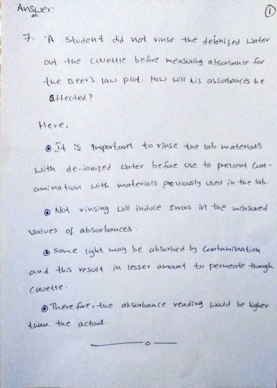 Ansuer: 7. A student did not vinse the delonized ter Cwettie before measurig absorlsane fov out the the Beers law plot HeL w