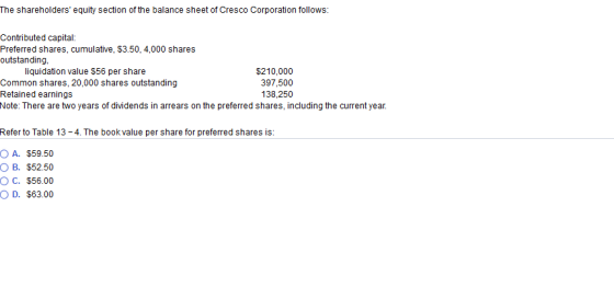 The shareholders equity section of the balance sheet of Cresco Corporation follows: Contributed capital: Preferred shares, cumulative, $3.50, 4,000 shares outstanding liquidation value $56 per share Common shares, 20,000 shares outstanding Retained earnings Note: There are two years of dividends in arrears on the preferred shares, including the current year. $210,000 397,500 138,250 Refer to Table 13 -4. The book value per share for preferred shares is O A. $59.50 OB. $52.50 O C. $56.00 O D. $63.00