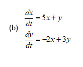 dx (b) = 5x+y dt dy = -2x+3y dt