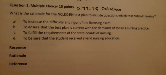 Question 2: Multiple Choice- 10 points p. 77-78 Catalano What is the rationale for the NCLEX-RN test plan to include question
