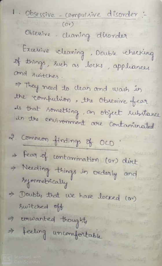 1. Obsessive - compulsive disorder :- Obsesive - Cleaning disorder Excersive cleaning, Double checking of things, such as loc