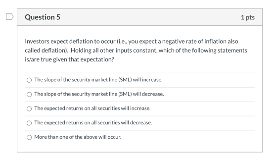 Question 5 1 pts Investors expect deflation to occur (i.e., you expect a negative rate of inflation also called deflation). H