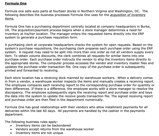 Formula One Formula one sells auto parts at fourteen stores in Northern Virginia and Washington, DC. The following describes