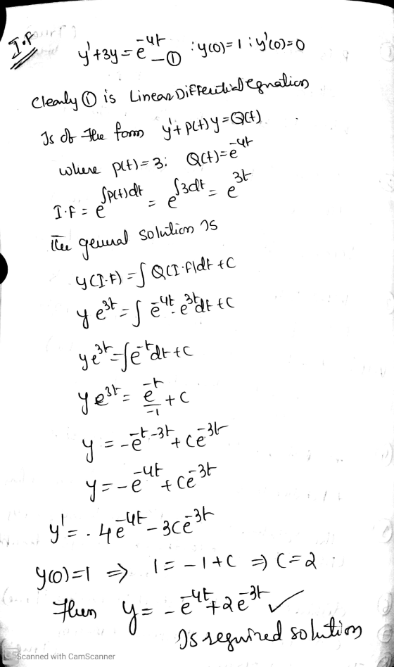 Joy y+3y=ēto :400)= 1 iy.co=0 Cleanly O is Linear Diffentidegnalien Is of Hue form y+ Pc+) y-Qc). whiere plt) = 3: Qct)-e e