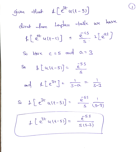 have given that acest ult- 5. direct from Laplace table we { [ et ult-c) écs 2Leaf Si So Here c=5 and a=3 So { [ult-51] = ess
