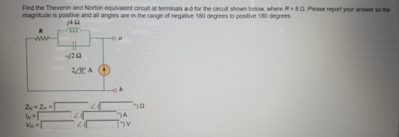 Find the Thevenin and Norton equivalent circuit at terminals a-b for the circuit shown below, where R = 80. Please report you