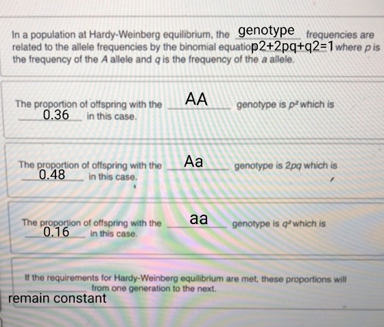 In a population at Hardy-Weinberg equilibrium, the genotype frequencies are related to the allele frequencies by the binomial