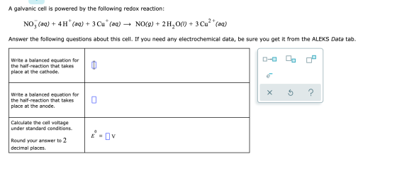 A galvanic cell is powered by the following redox reaction: NO2 (aq) + 4H+ (aq) + 3 Cu* (aq) NO(g) + 2 H2O(l) + 3 Cu²+ (aq) A