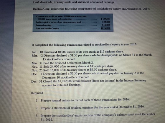 Cash dividends, treasury stock, and statement of retained earings Balthus Corp. reports the following components of stockhold