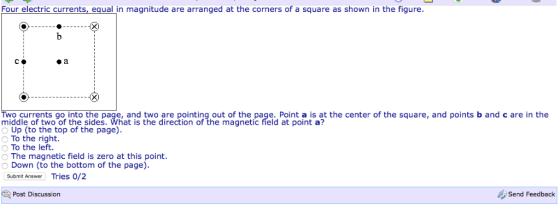 Four electric currents, equal in magnitude are arranged at the corners of a square as shown in the figure. Two currents go in