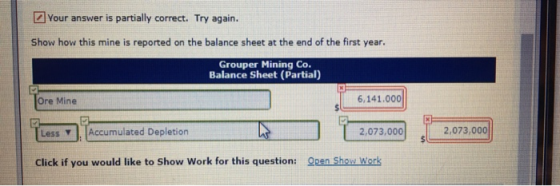 Your answer is partially correct. Try again. Show how this mine is reported on the balance sheet at the end of the first year