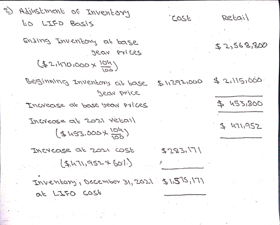 Cost Retail $2,568,800 100 $11292.000 $2,115,000 2) Adjustment of Inventory to LIFO Basis Ending Inventory at base year price