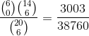 \frac{\binom{6}{0}\binom{14}{6}}{\binom{20}{6}} = \frac{3003}{38760}
