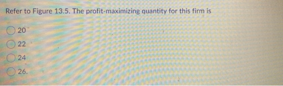 Refer to Figure 13.5. The profit-maximizing quantity for this firm is 20 22 24 26.