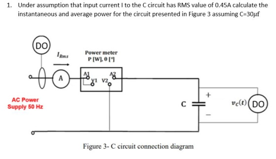 1. Under assumption that input current I to the C circuit has RMS value of 0.45A calculate the instantaneous and average powe