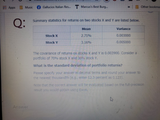 Apps Music Gallucios Italian Res. T Marcuss Best Burg.. >>> Other bookma Summary statistics for returns on two stocks X and