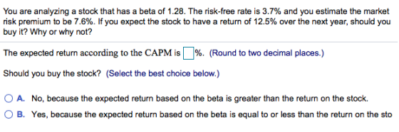 You are analyzing a stock that has a beta of 1.28. The risk-free rate is 3.7% and you estimate the market risk premium to be