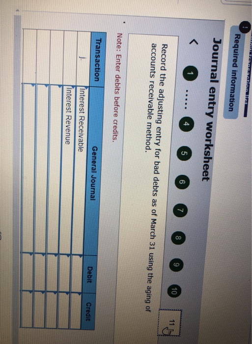 T.AEaneaetian at Required information Journal entry worksheet < 1 4 5 6 7 8 10 11 m Record the adjusting entry for bad debts