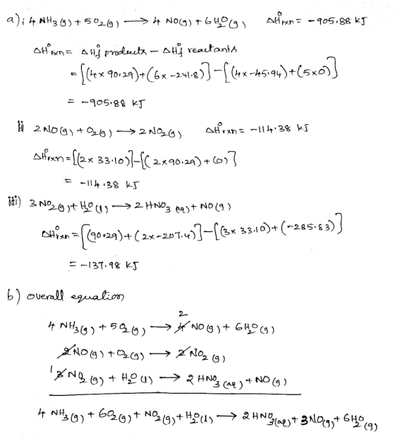 a); 4 NH3(g) +502014 NO(g) +GHOGS altren= -905.88 kJ - Han= AHf products - Alf reactants - {tex 90129)+(6x -241-87] -[(**-*59