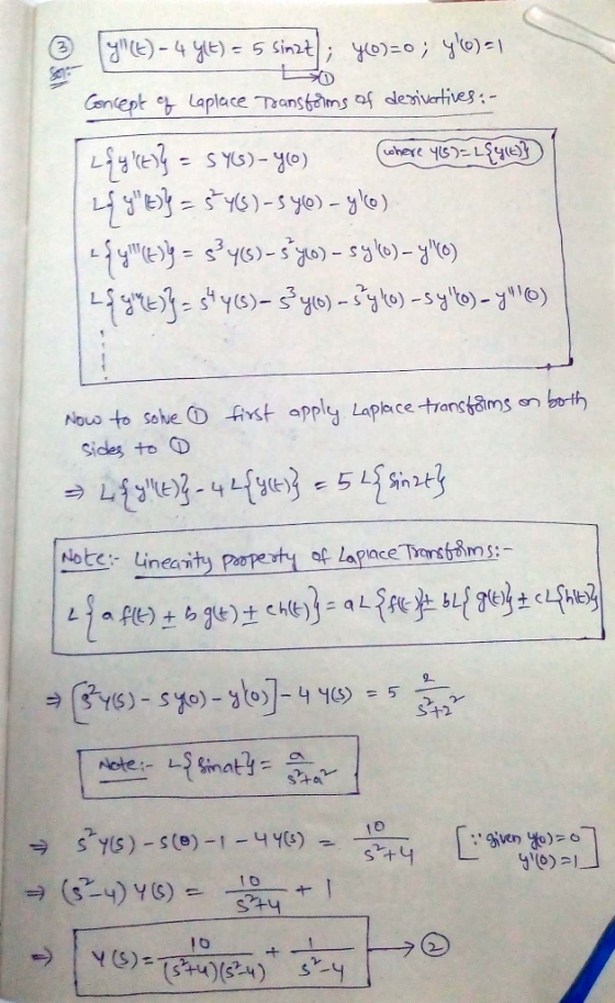 yh(E) - 4 yle) = 5 Sinz+]; 703=0; y(0) =1 Concept of Laplace Transforms of desivatives: - Låg (t)} = SY(s)-yo) where 46)=Lqy(