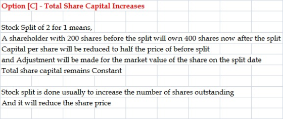 Option [C] - Total Share Capital Increases Stock Split of 2 for 1 means, A shareholder with 200 shares before the split will
