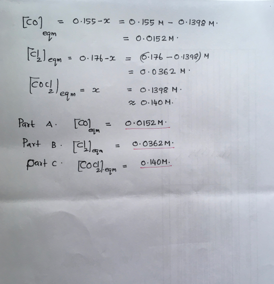 con = 0.155 - 3C = 0.155 M - 0.1398 m. eqm = 0.0152M 1921egm = 0.176-32 = 0.176 -0.1398) M = 0.0362 M. och eam = x = 0.1398 M