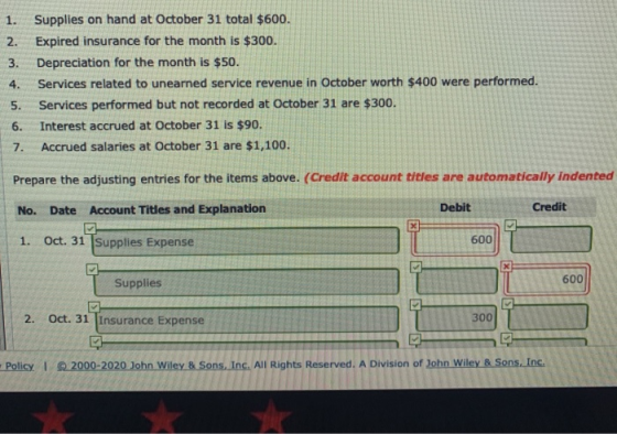 1. Supplies on hand at October 31 total $600. 2. Expired insurance for the month is $300. 3. Depreciation for the month is $5