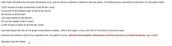 Hank Itzek manufactures and sells homemade wine, and he wants to develop a standard cost per gallon. The following are requir
