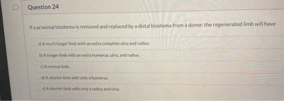 Question 24 If a proximal blastema is removed and replaced by a distal blastema from a donor, the regenerated limb will have