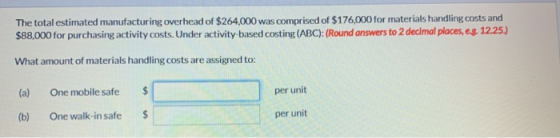 The total estimated manufacturing overhead of $264,000 was comprised of $176,000 for materials handling costs and $88,000 for