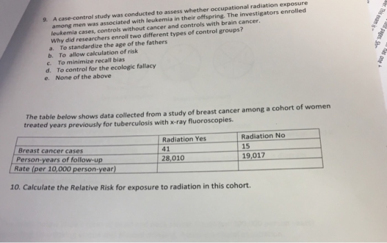 I study was conducted to assess whether occupational radiation exposure ated with leukemia in their offspring. The investigators enrolled 9. A case-control among men was associ leu kemia cases, controls without cancer and controls with brain cancer. Why did researchers enroll two different types of control groups? a. To standardize the age of the fathers b. To allow calculation of risk c. To minimize recall bias d. To control for the ecologic fallacy e. None of the above The table below shows data collected from a study of breast cancer among a cohort of women treated years previously for tuberculosis with x-ray fluoroscopies. Radiation Yes 41 Radiation No 15 Breast cancer cases Person-years of follow-up Rate (per 10,000 person-year) 28,010 19,017 10. Calculate the Relative Risk for exposure to radiation in this cohort