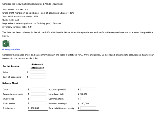 Consider the following financial data for J. White Industries: Total assets turnover: 1.5 Gross profit margin on sales: (Sale