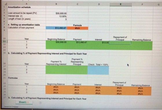 Amortization schedule 3 4 Loan amount to be repaid PV Interest rate ) Length of loan in years) $30,000.00 12.00% a. Setting u