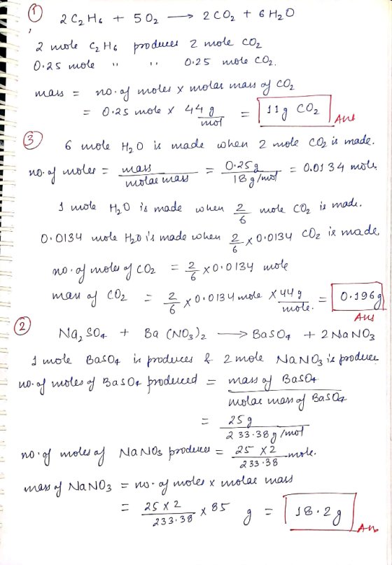 O 2 CA Ho + 502 - 2 CO2 + 6H2O 2 mole C₂H6 produces 2 mole co2 0.25 mole 0.25 mole CO₂. mass = no. of moles y molar mass