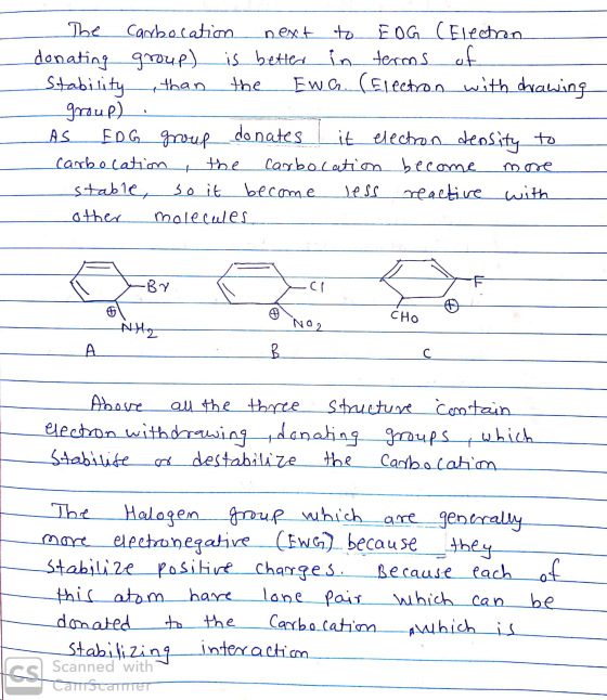 The Carbocation next to EDG (Electron donating group) is better in terms of Stability than the Ewa. (Electron with drawing gr