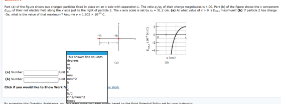 Part (a) of the figure shows two charged particles fixed in place on an x axis with separation L. The ratio qi/q2 of their charge magnitudes is 4.00. Part (b) of the figure shows the x component Enetx of their net electric field along the x axis just to the right of particle 2. The x axis scale is set by 31.2 cm. (a) At what value of x > 0 is Enet,x maximum? (b) If particle 2 has charge -3e, what is the value of that maximum? Assume e 1.602 × 10-19 C. 0 This answer has no units x (cm) degrees kg m/s (a) Number (b) Number Click if you would like to Show Work fo Unit s Unit m/s 2 N/C times